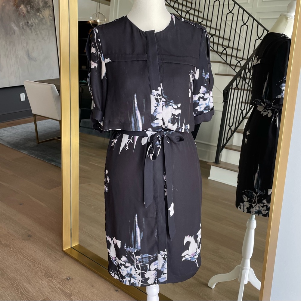 Black Floral Buttondown Belted Dress - French Connection Size 0